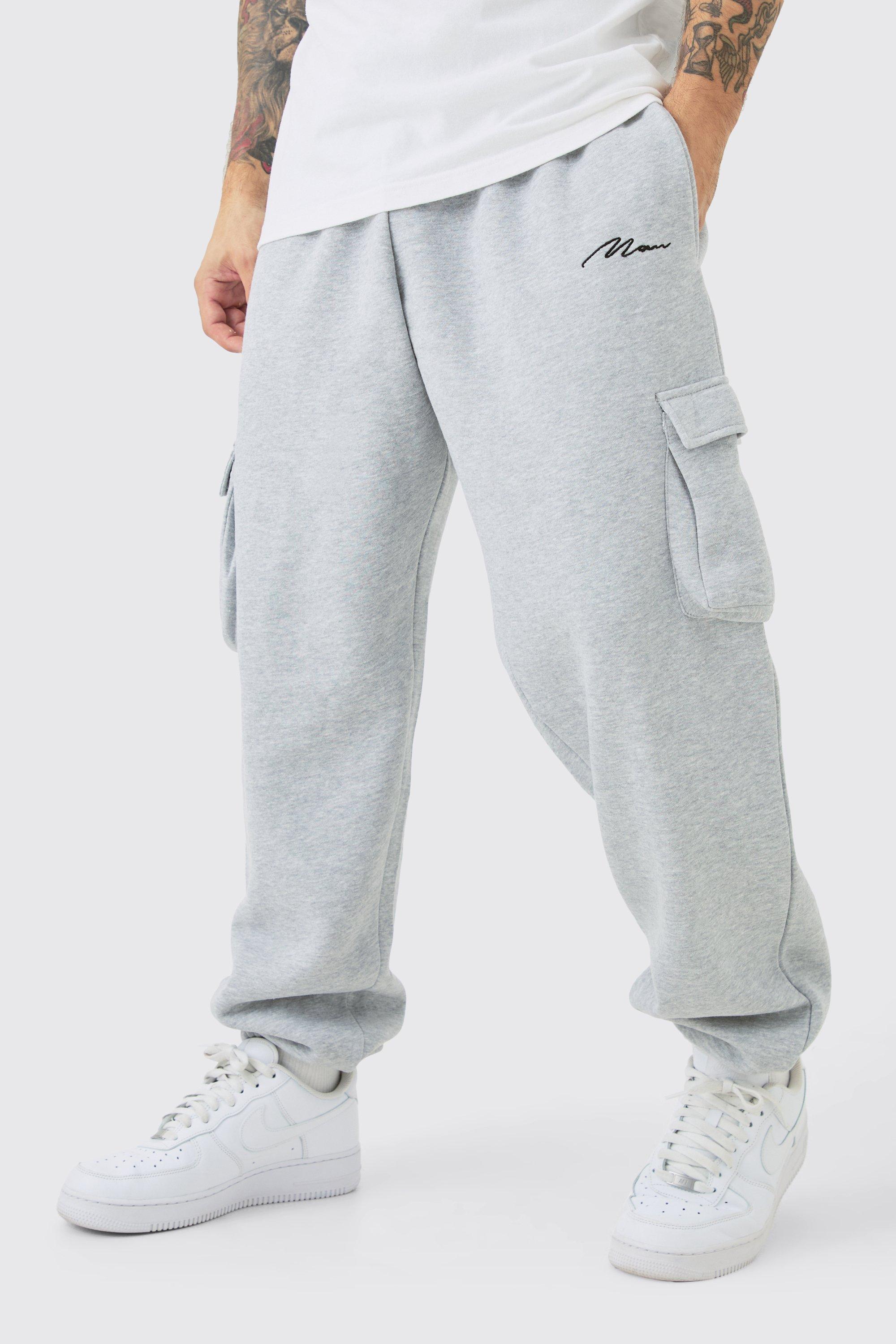 Mens Grey Man Signature Oversized Cargo Jogger, Grey